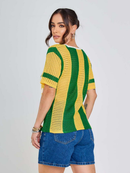 Camisa Tricot Brasil Tecido Vazado Decote V Malhado Look Brasil Copa
