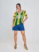 Camisa Tricot Brasil Tecido Vazado Decote V Malhado Look Brasil Copa