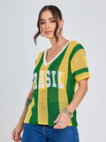 Camisa Tricot Brasil Tecido Vazado Decote V Malhado Look Brasil Copa