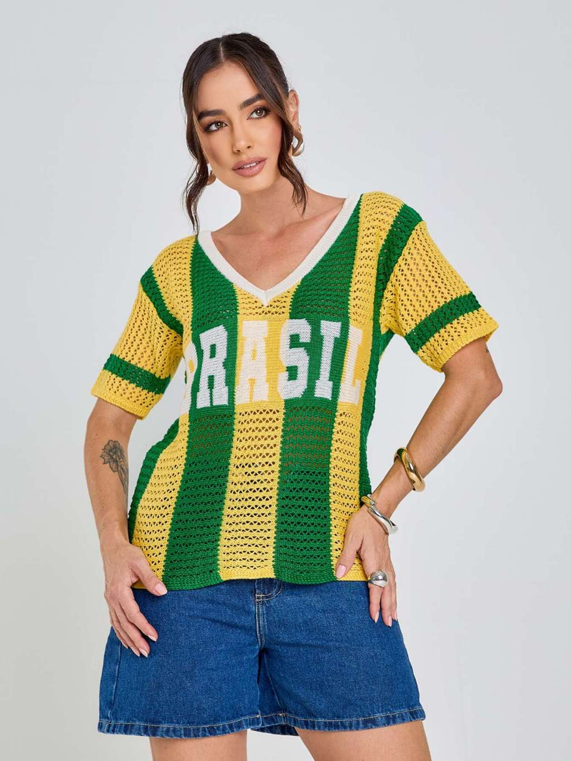 Camisa Tricot Brasil Tecido Vazado Decote V Malhado Look Brasil Copa