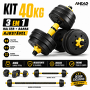 Kit Halteres 3 em 1 40kg Anilha Barra Musculação Academia Peso Ajustável Segurança e Durabilidade